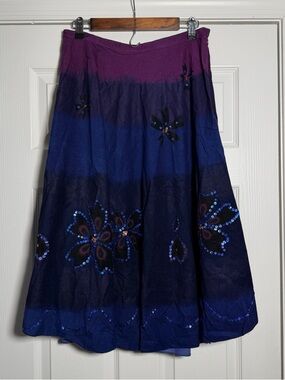 Chaudry KC Dip Dye Ombre Corduroy Floral Sequin A-Line Midi Skirt Purple Blue